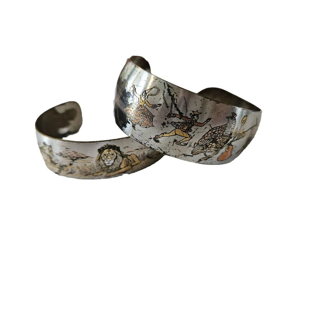 Two Reed & Barton Damascene Bracelets Lion‎ Lioness Cub, Dancers Birds